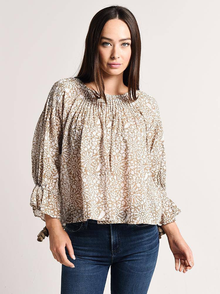Roller Rabbit My Jamuna Tan Printed Pom Pom Blouse | Size Large