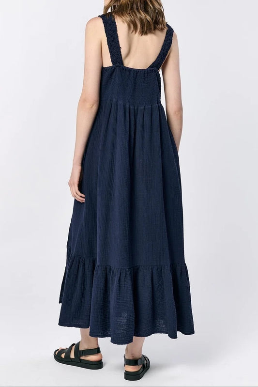 NWT Dear John Navy Blue Cotton Crochet and Gauze Chasity Maxi Dress | Size Large
