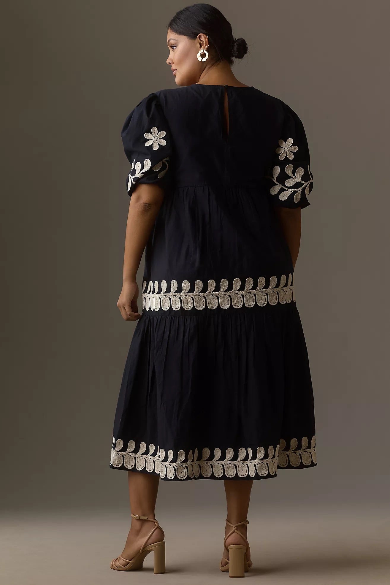 By Anthropologie Embroidered Puff-Sleeve Midi Dress | Size XL