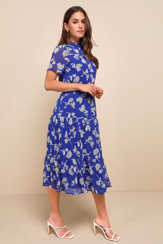 Lulus Royal Blue Floral Short Sleeve Chiffon Midi Dress | Size XL