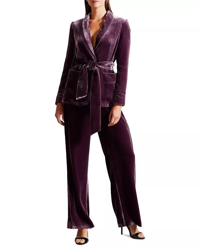 Ted Baker London Purple Silk Blend Velvet Shawl Collar Belted Blazer Jacket | Size 4