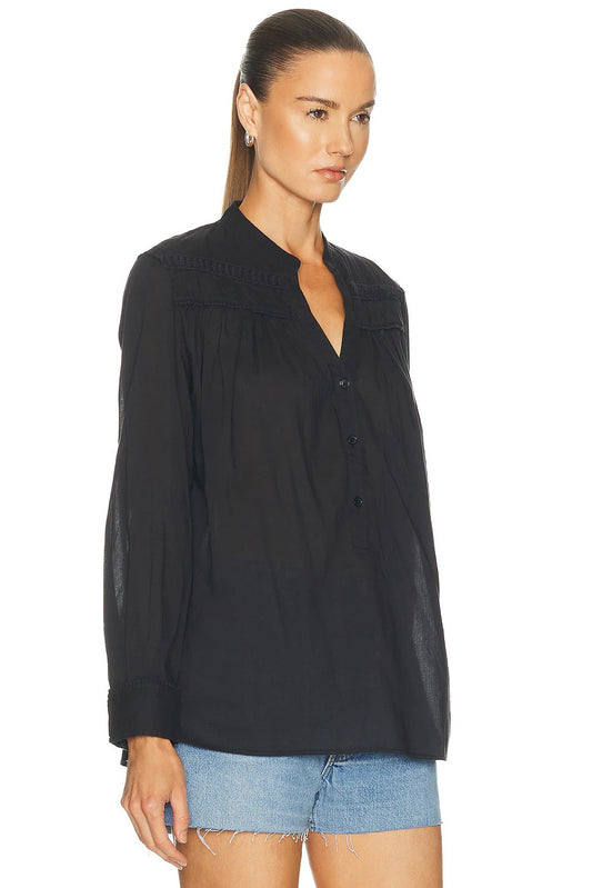 Nili Lotan Clarys Cotton Smocked Peasant Blouse in Black | Size Small