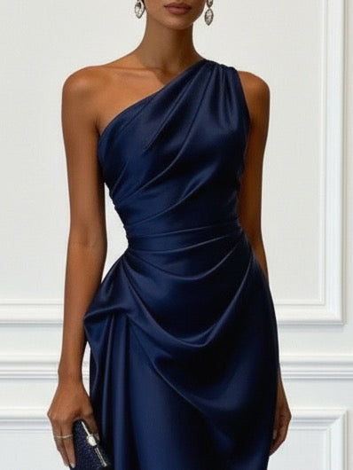 NWT Fehaute Purplish Blue Ruched Satin One Shoulder Sleeveless A-Line Midi Dress