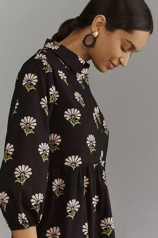 Maeve The Bettina Black Floral Tiered Cotton Shirt Dress | Size Small