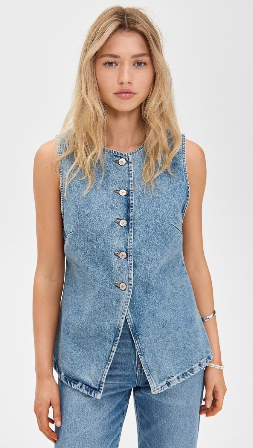 NWT Free People Aimee Denim Vest in Indigo Blue | Size Large