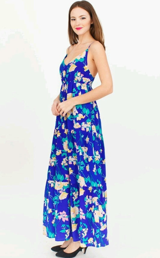 Yumi Kim Blue Floral Empire Waist Silk Dress | Size Medium