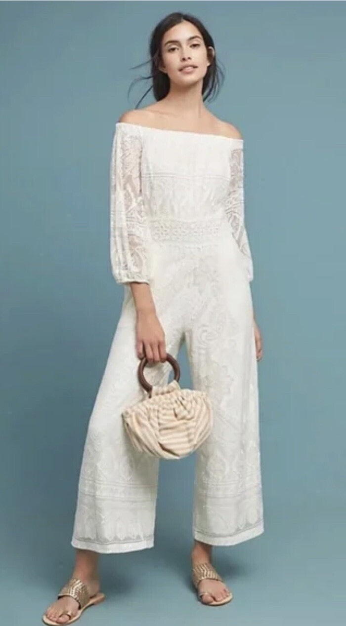 Anthropologie x Farm Rio Elliott Lace White Off the Shoulder Jumpsuit | Size Medium
