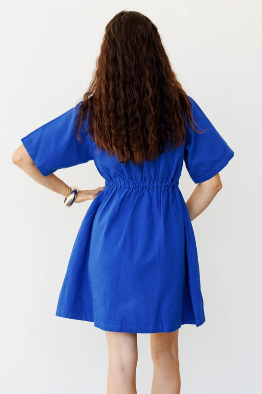 Noble Zip Front Organic Cotton Utility Dress in Cobalt Blue | Size XS