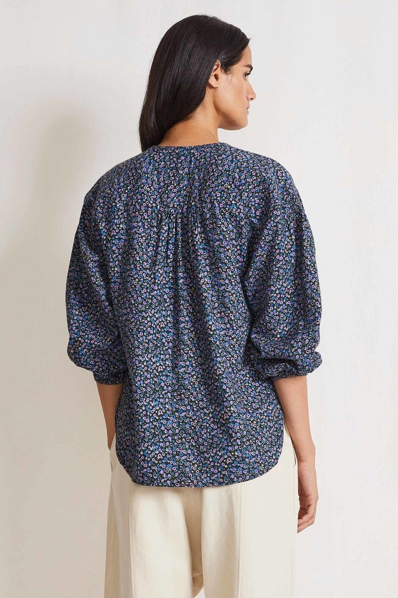 Apiece Apart Marit Shirred Blouse in Violet Floral Cotton | Size XS