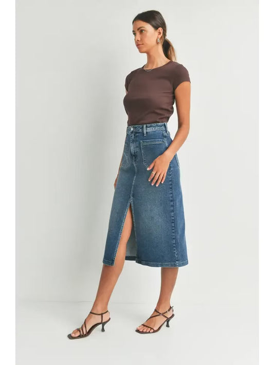 Just Black Denim High Rise Front Slit Jean Skirt | Size Medium