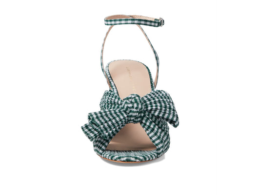New Loeffler Randall Camellia Green Gingham Pleated Knot Block Heel Sandals | Size 9