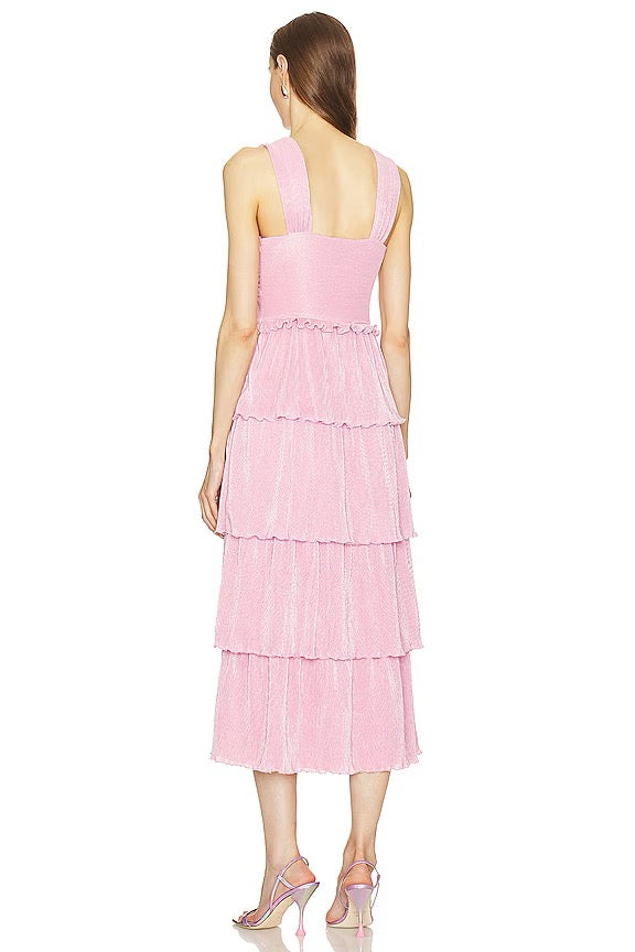 NWT Saylor Esperanza Bubblegum Pink Tiered Ruffle Metallic Dress | Size Large