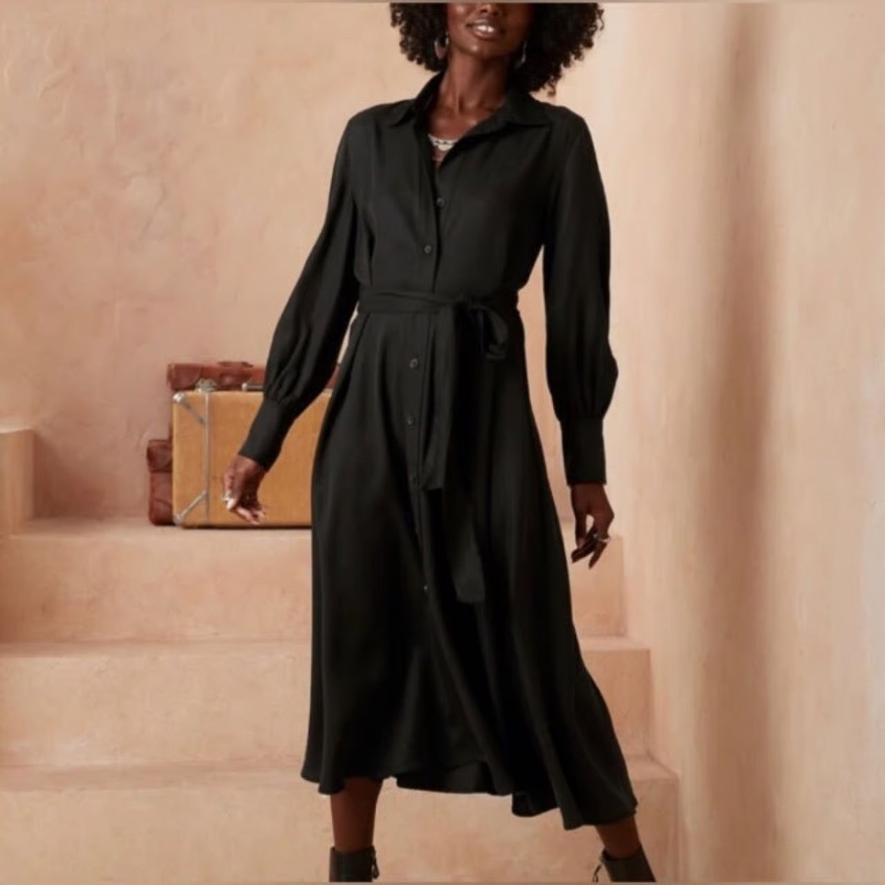 Banana Republic Black Belted Midi Shirtdress | Size Medium