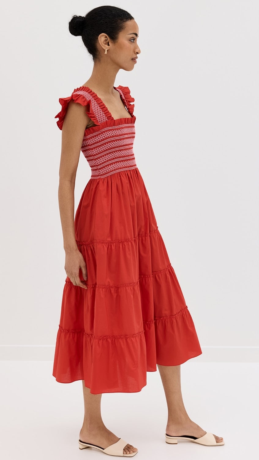 Hill House Home Ellie Cotton Poplin Nap Dress in Red Smocked Ruffle | Size XS