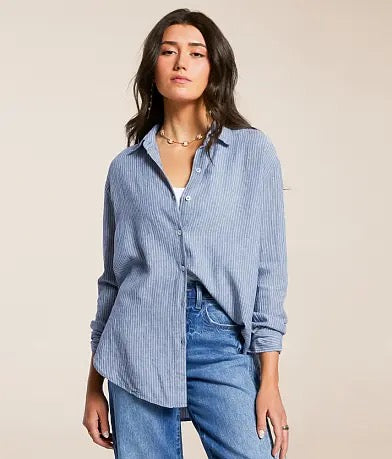 Z Supply Melody Striped Button Down Shirt in Blue and White Cotton | Size Small
