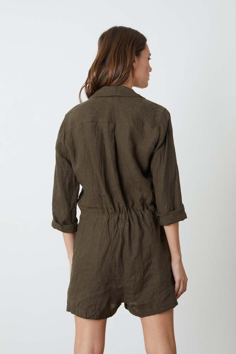 Velvet by Graham & Spencer Ruth Brown 100% Linen Long Sleeve Romper | Size Large