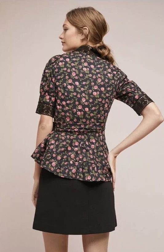 Anthropologie Lavaudie Floral Wrap Top in Black Motif by Kopal | Size Medium