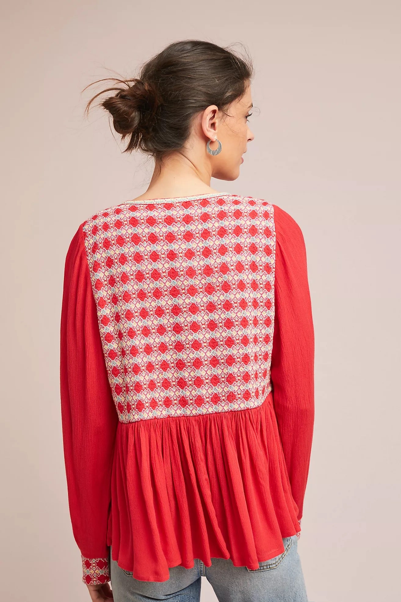 Anthropologie Red Embroidered Peplum Open Jacket | Size 2