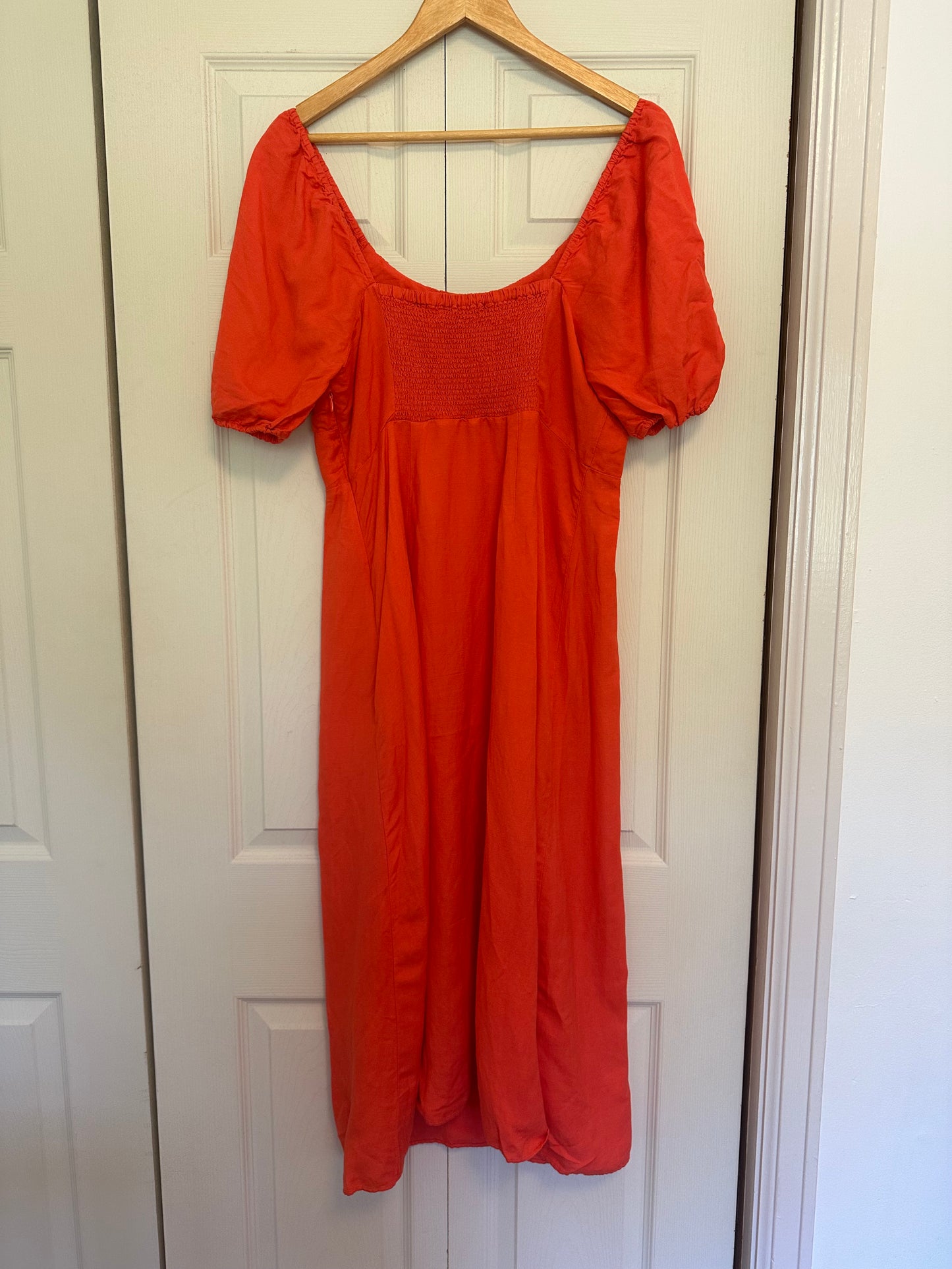 NWT LOFT Square Neck Puff Sleeve Coral Linen Midi Dress - Size 8P