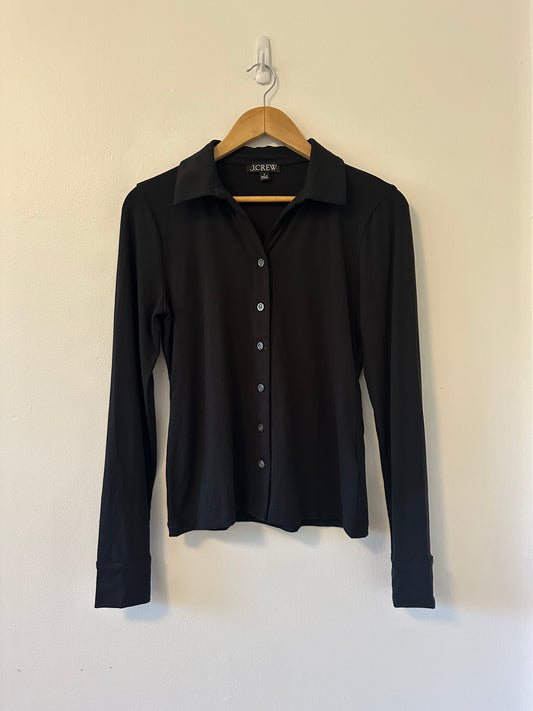 J. Crew Black Button-Up Long Sleeve Collared Top in Refined Rib | Size Small