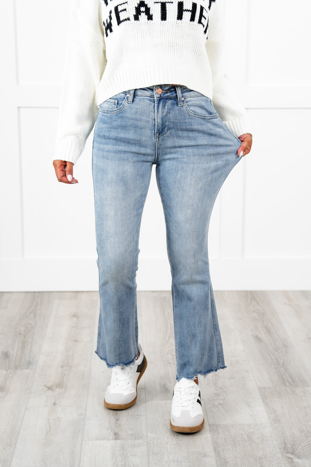 Mica High Rise Light Wash Uneven Hem Cropped Flare Jeans | Size 14
