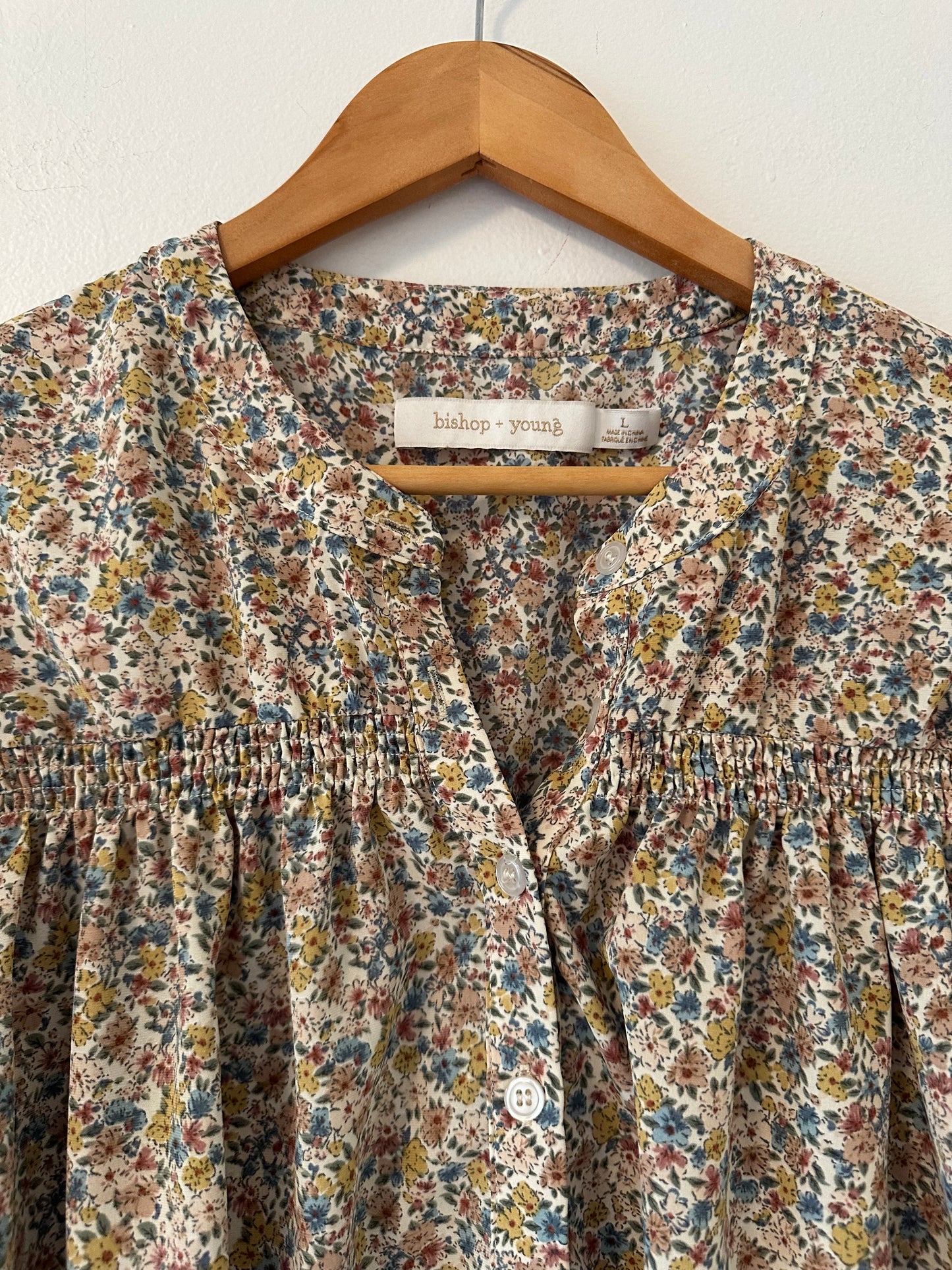 bishop + young Ruched Floral Button Down Blouse in Blue and Brown | Size Large