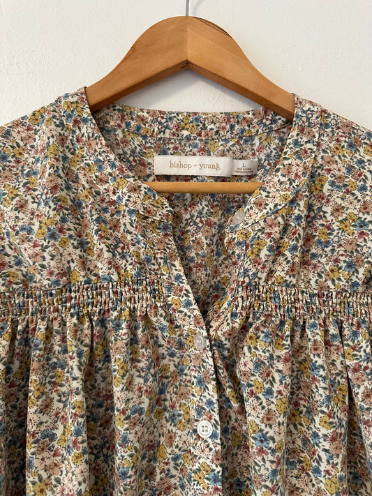 bishop + young Ruched Floral Button Down Blouse in Blue and Brown | Size Large