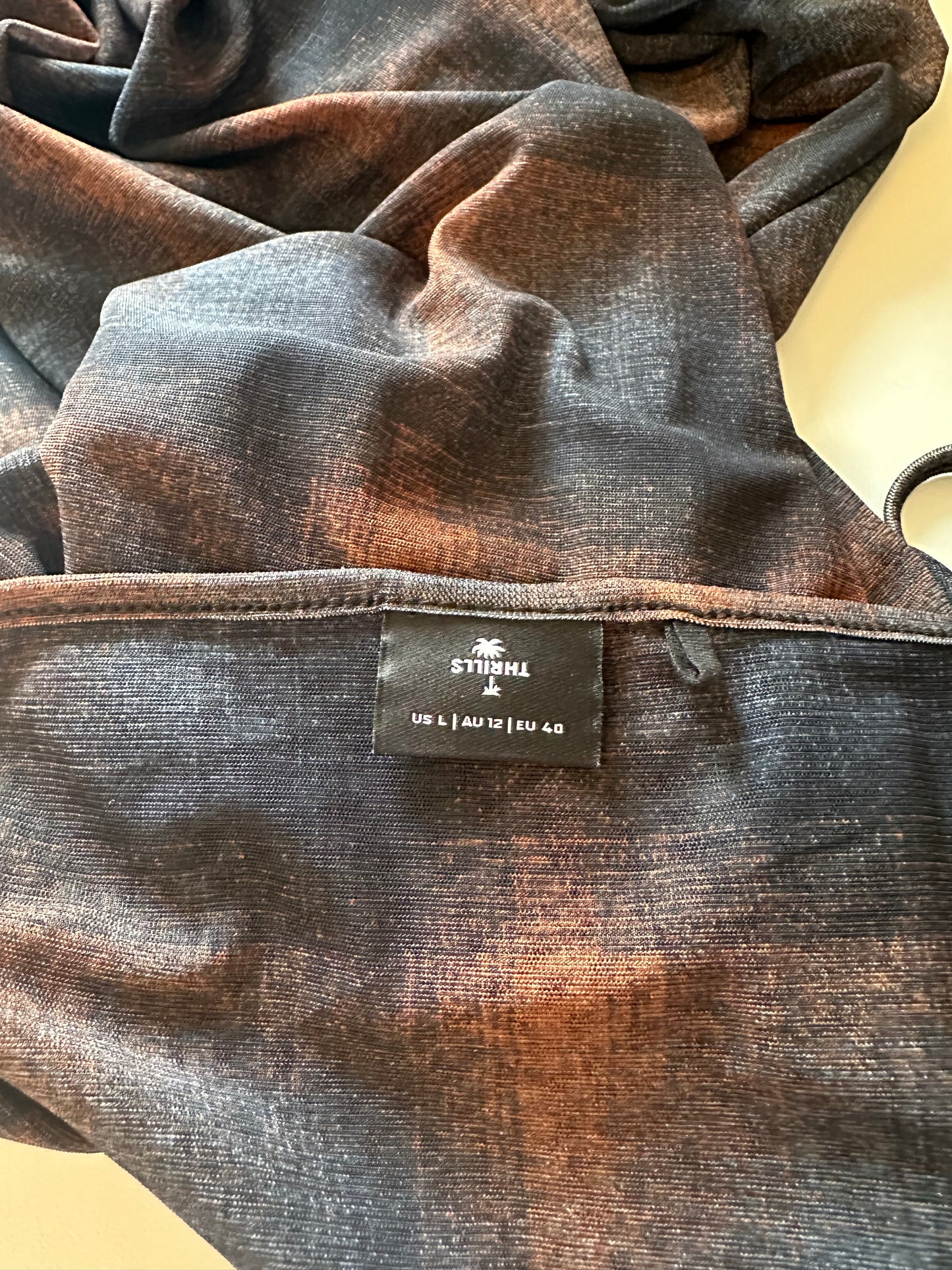 Thrills Enmesh Plaid Bodycon Mesh Spaghetti Strap Dress in Navy and Brown | Size Large