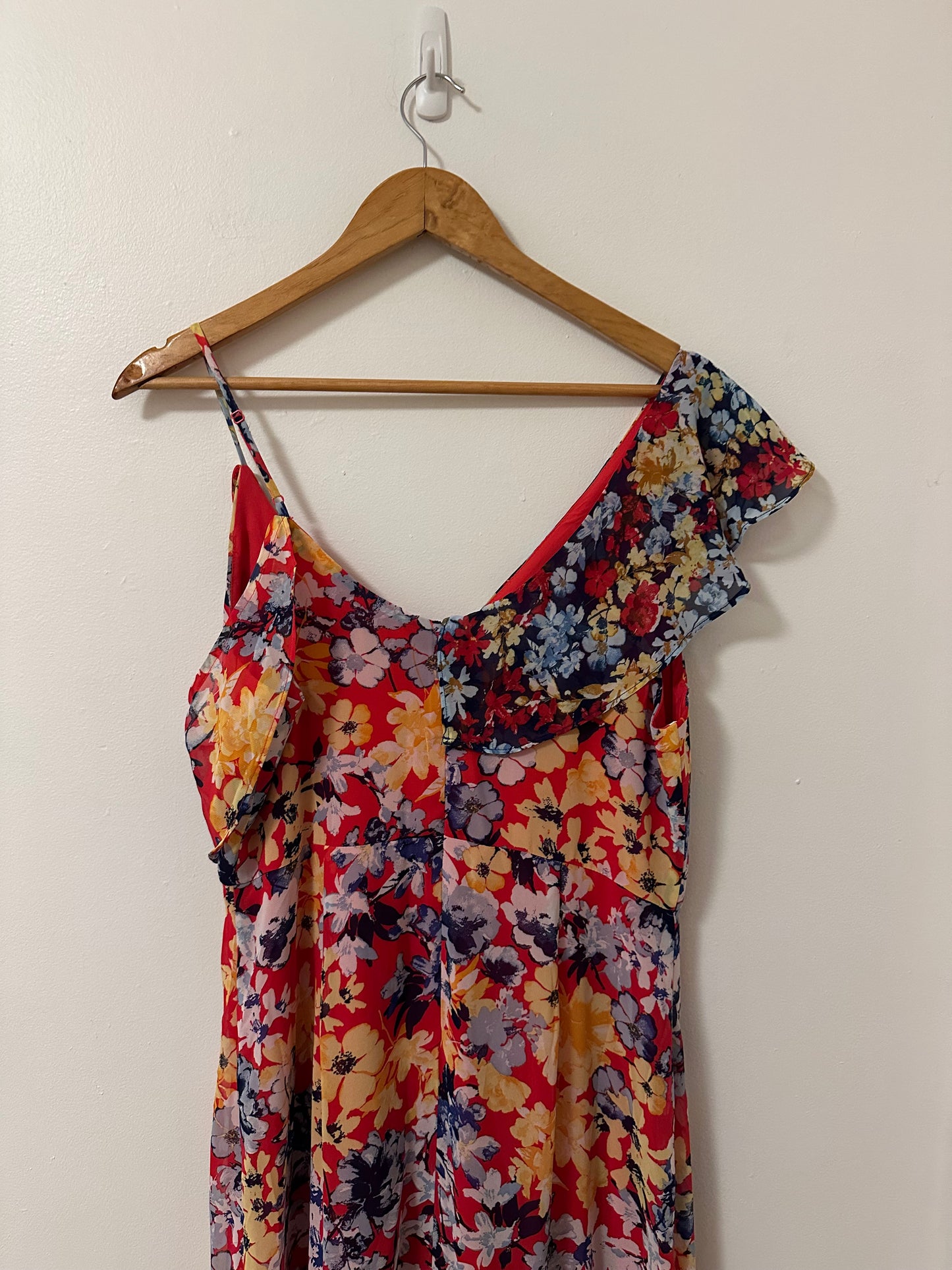 Lulu's Radiant Ruby Red Floral Print Chiffon Maxi Dress | Size Large