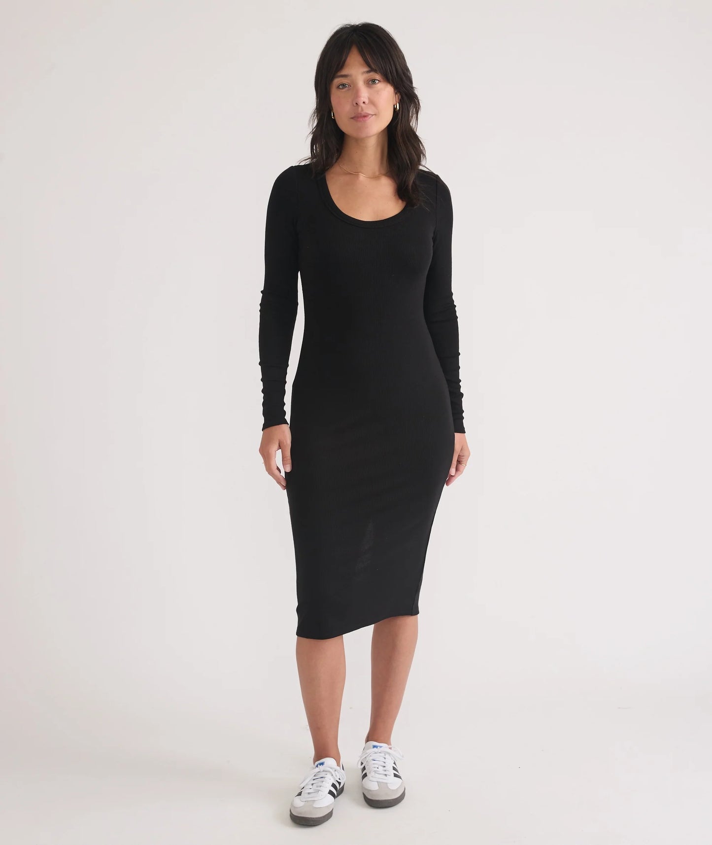 Marine Layer Lexi Rib Long Sleeve Midi Dress in Black - Size Medium