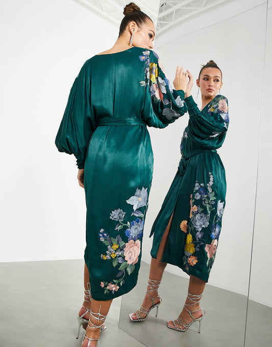 ASOS EDITION Satin Belted Dress with Floral Embroidery in Green - Size 6