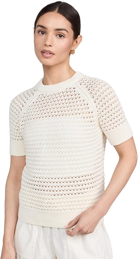Varley Alva Cream Short Sleeve Knit Sweater Top in Cotton | Size Small
