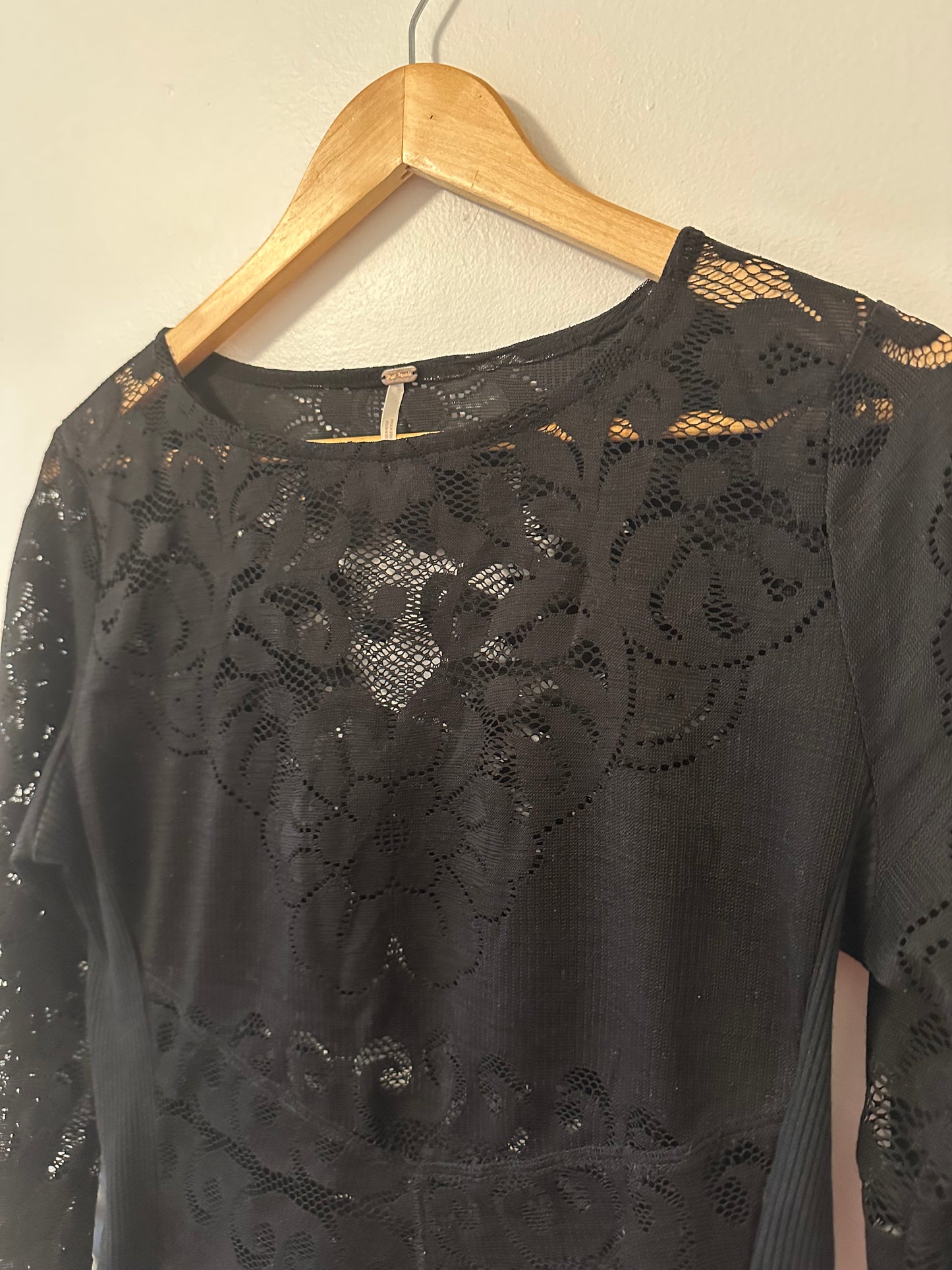 Free People Wild Roses Black Lace Long Sleeve Shirt- Size Medium