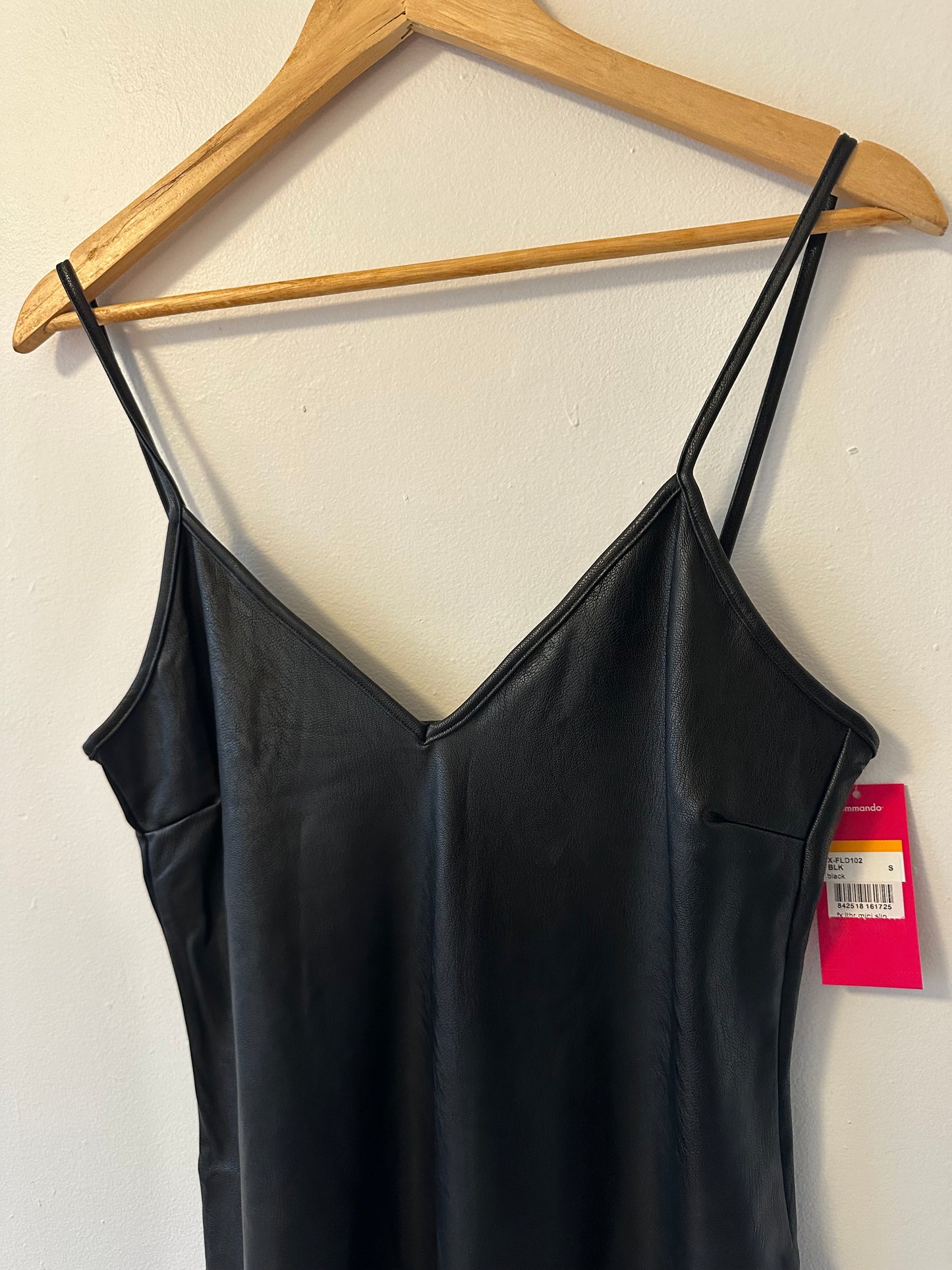 NWT Commando Vegan Faux Leather V-Neck Spaghetti Strap Slip Dress In Black | Size Small