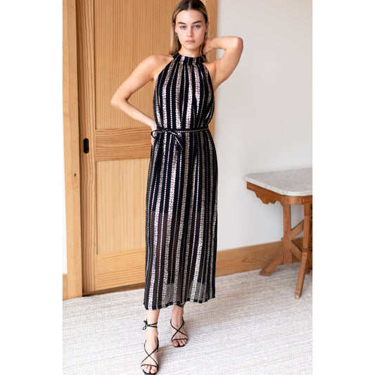 Emerson Fry New Black and Silver Floral Metallic Maxi Dress - Size Medium