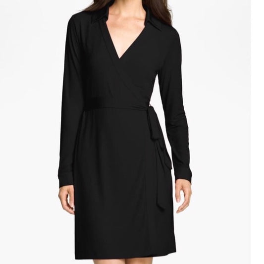 Calvin Klein Black Long Sleeve Collared Knit Wrap Dress | Size 4