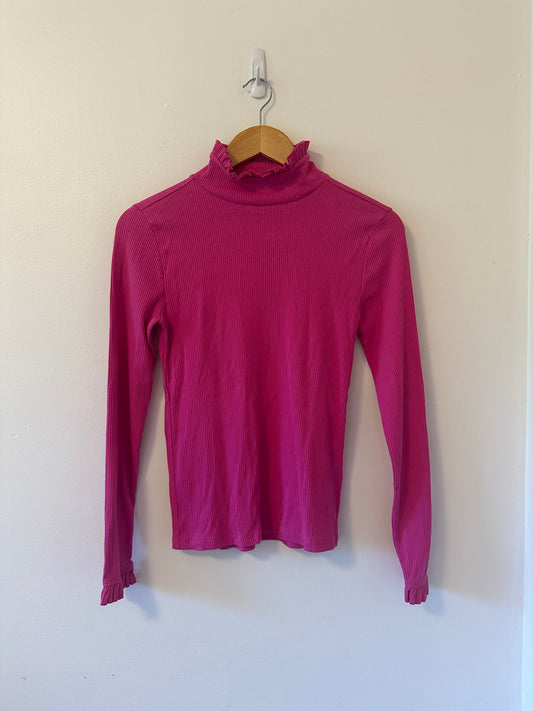 J. Crew - Vintage Rib Knit Pink Ruffled Neck Turtleneck Top | Size Small
