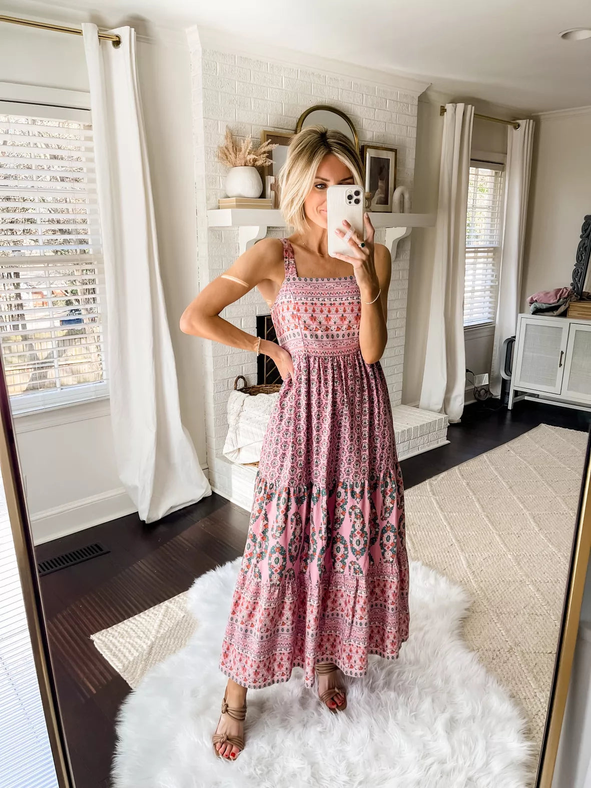 Knox Rose Boho Smocked Maxi Dress in Pink Print | Size Medium