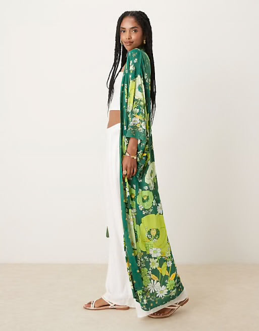 Free People Hidden Hills Floral Green Kimono Robe