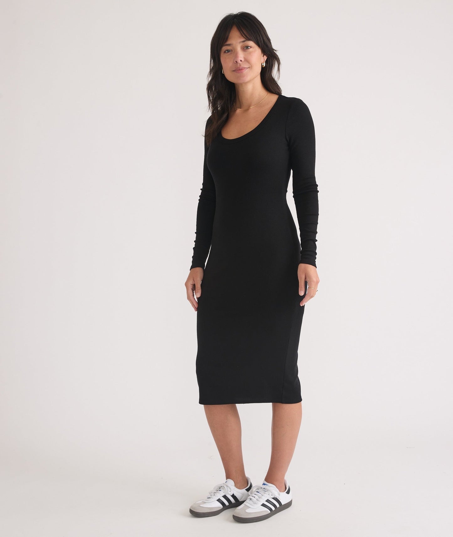 Marine Layer Lexi Rib Long Sleeve Midi Dress in Black - Size Medium