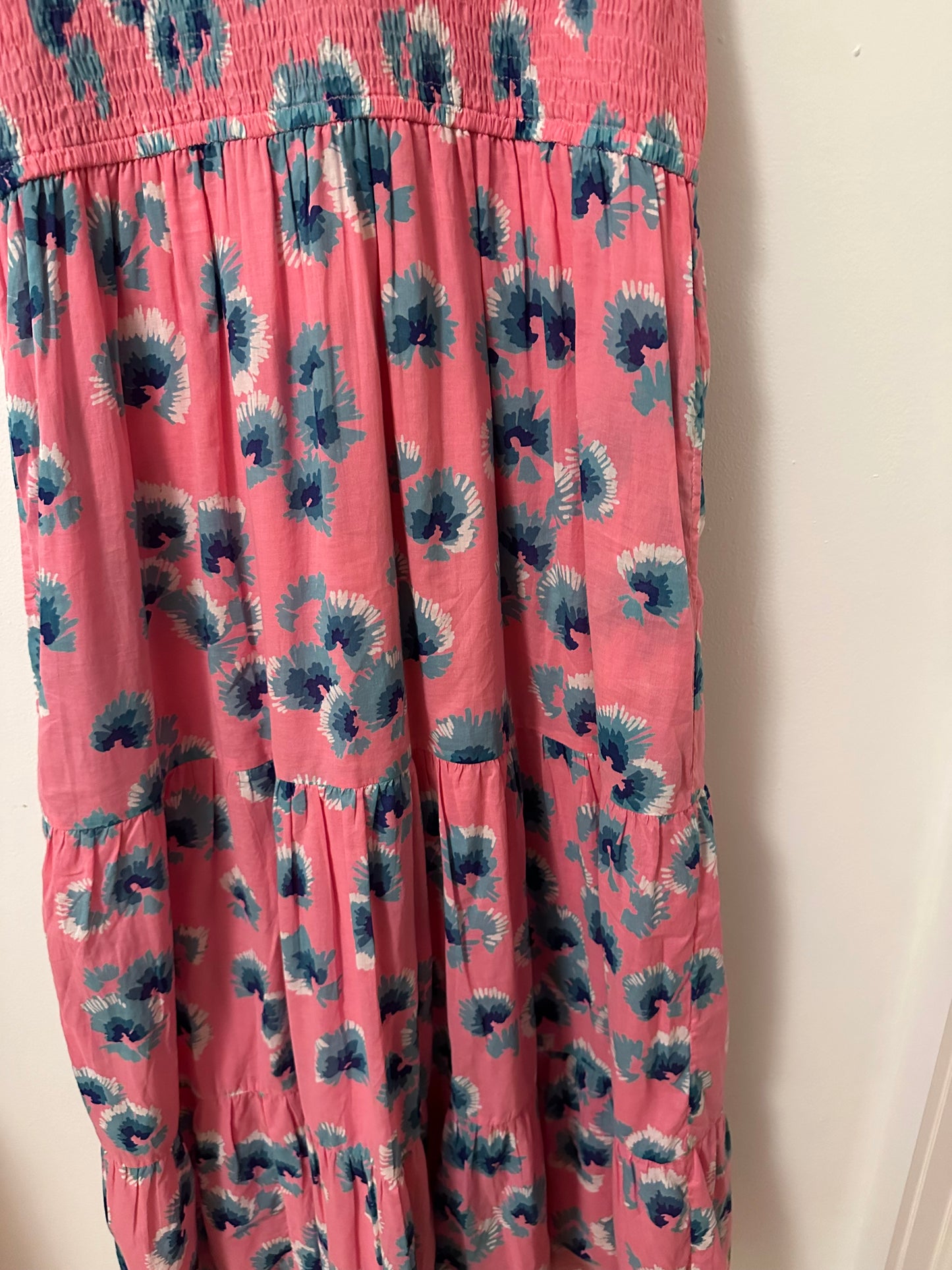 Banjanan Ira Cotton Floral Cap Sleeve Dress in Blue and Pink | Size Large