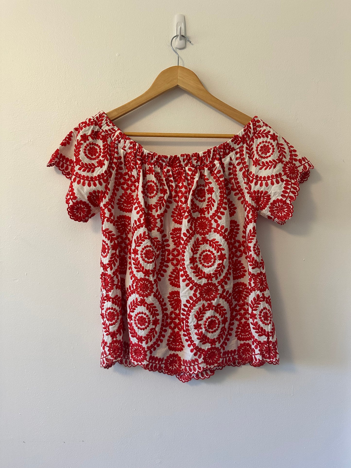 Entro Red and White Embroidered Off The Shoulder Blouse | Size Small