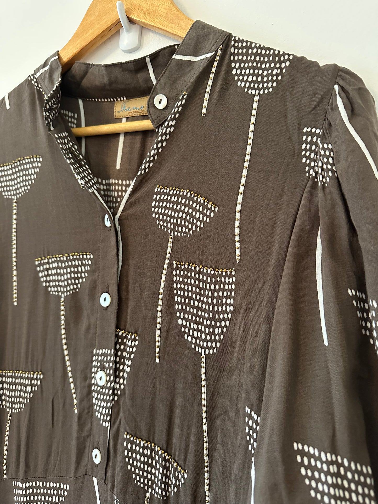 Skemo Brown Floral Dress with Gold Beading - Size Small