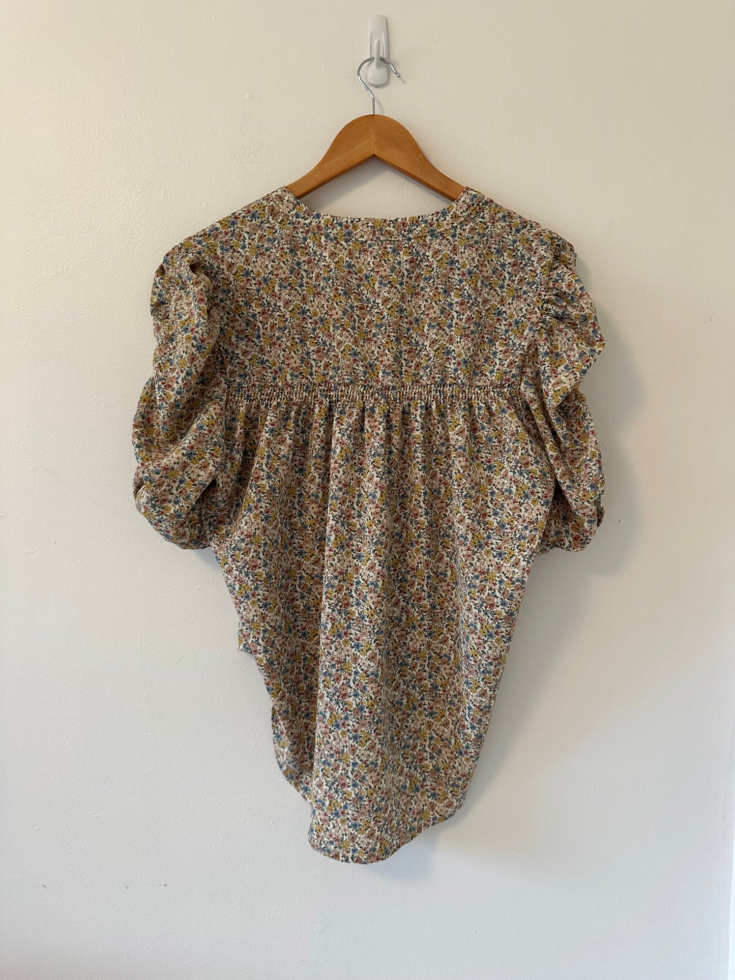 bishop + young Ruched Floral Button Down Blouse in Blue and Brown | Size Large