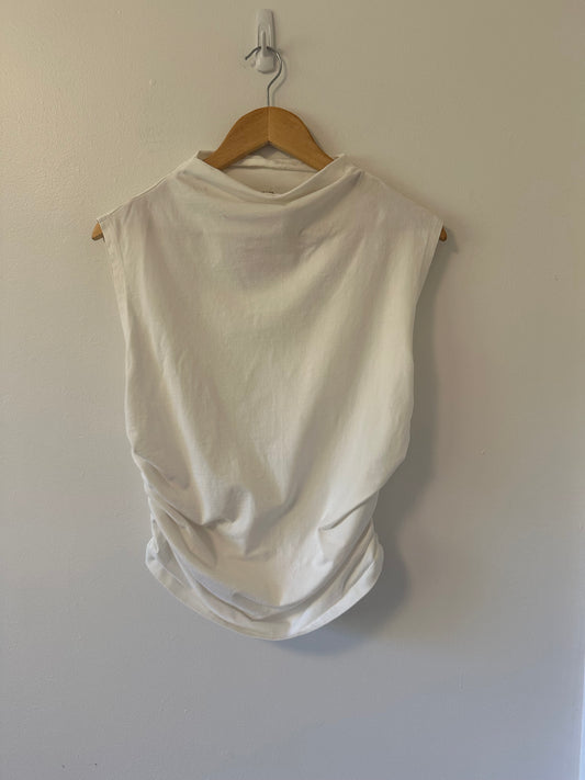 Maeve White Sleeveless Ruched Mock Neck Tee | Size Large