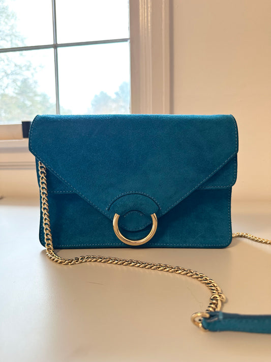 Banana Republic Bright Blue Suede Crossbody Bag with Gold Hardware and Chain