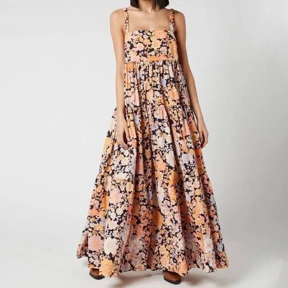 Free People Park Slope Orange and Pink Tiered Maxi Sundress Size Small