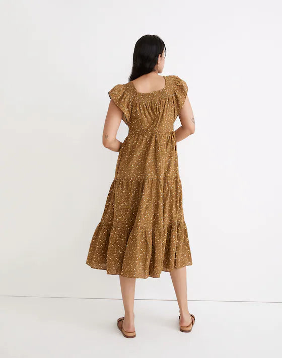 Madewell Ruffle-Sleeve Tiered Midi Dress in Daisy Stitch | Size Medium