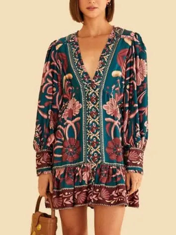 NWT FARM Rio Seasheel Long Sleeve Deep V-Neck Mini Dress Size M