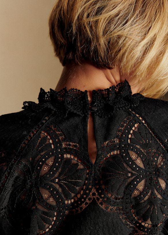 NWT Sezane Bianca Black Lace Organic Cotton Blouse | Size EU 42